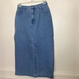 Vintage Lew Magram Long Denim Skirt Jean Front Slit Modest Church USA 12 28 Vint